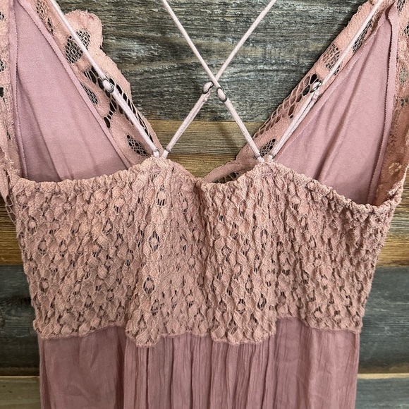 Free People Adella Lace Slip Dress Crochet Pink Rose Layered Bottom Festival - Picture 8 of 10